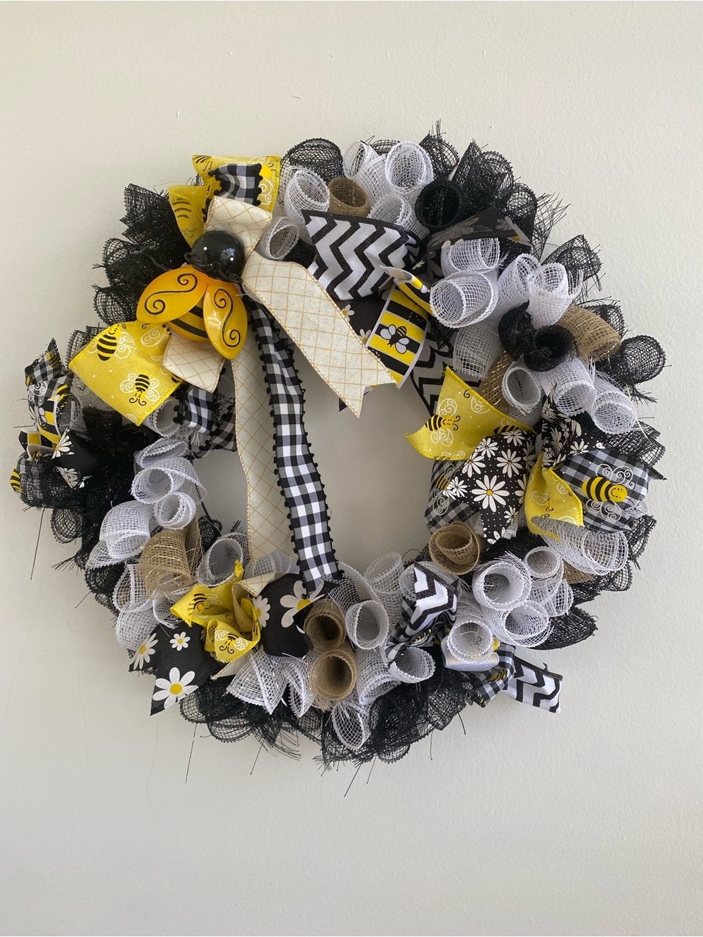 Handmade Yellow Black White Bee-Themed Wreath